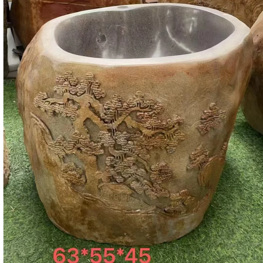 石雕天然砚石整石洗手盆原石花园庭院别墅洗脸盆洗衣池复古雕花