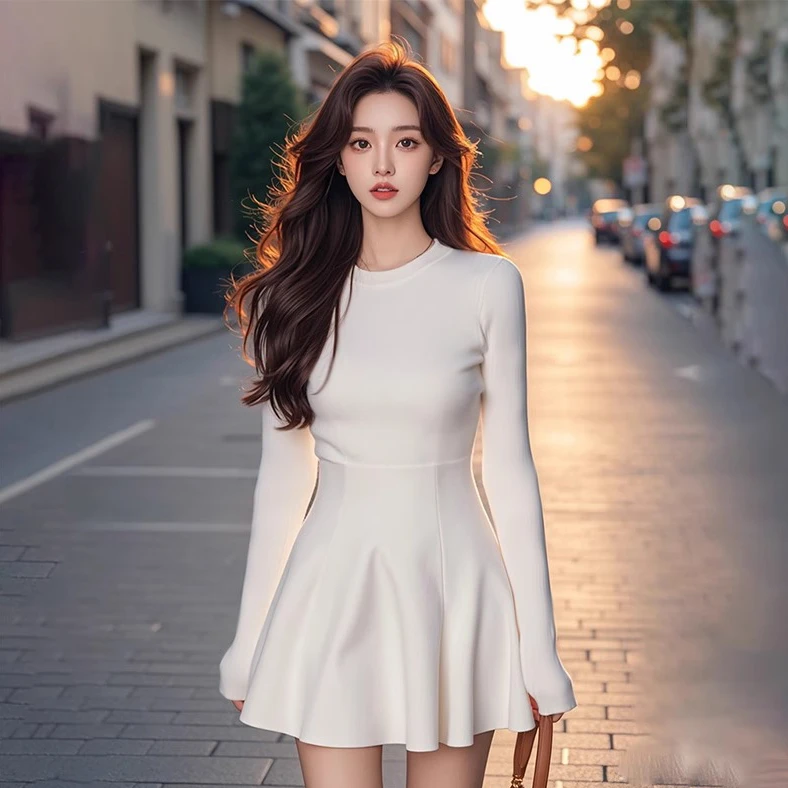 2025秋季新款圆领长袖连衣裙立体裁剪设计感小白裙收腰显瘦裙子女