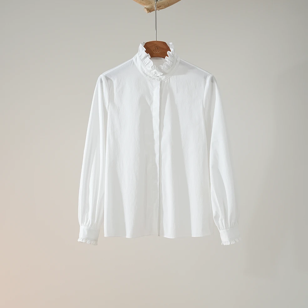 西子/【泰晤士】立体捏褶极简百搭气质优雅拉夫领微弹衬衣/SYHJ0276