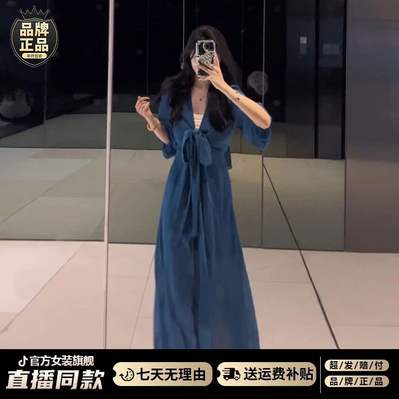 今年流行巨好看高级感网纱连衣裙子女夏2025新款蓝色V领绑带长裙