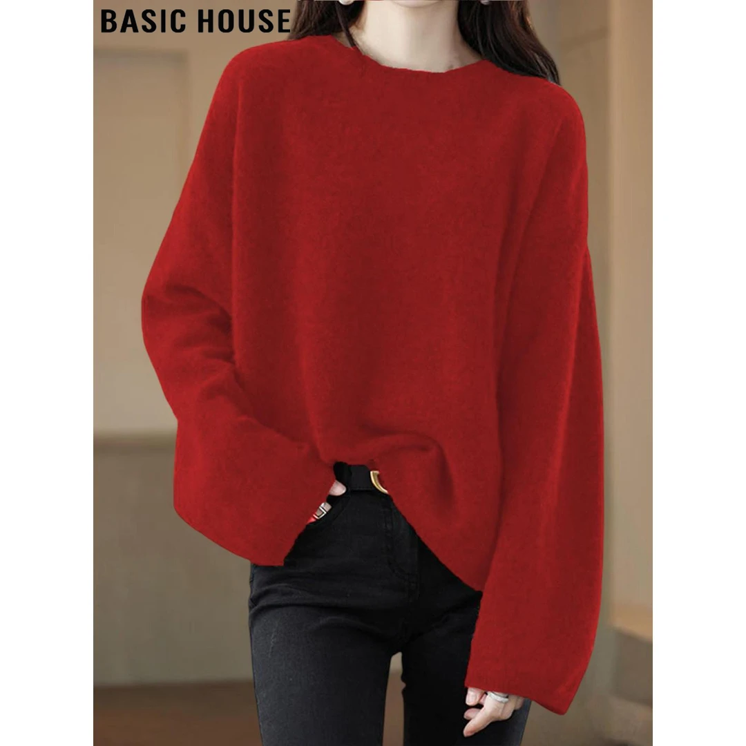 Basic House/百家好松弛感红色圆领软糯毛衣女2025冬季打底针织衫