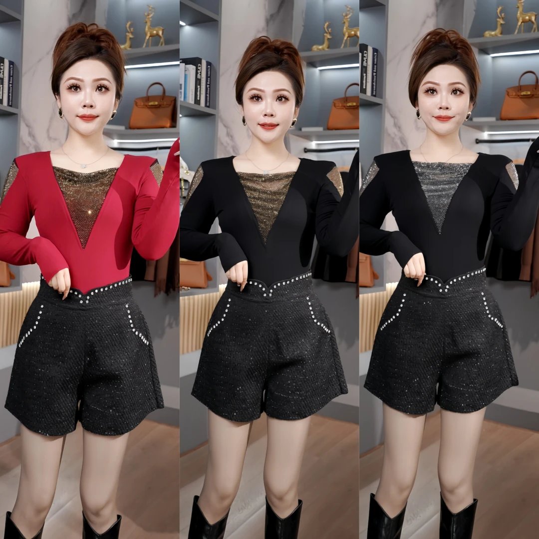 【团团云朵】年年2025新款冬季时尚百搭修身显瘦烫钻设计长袖打底T