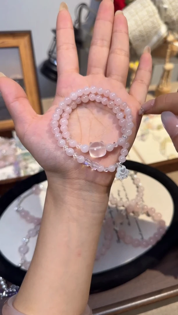 水晶手串银S925镶嵌双圈猫爪粉水