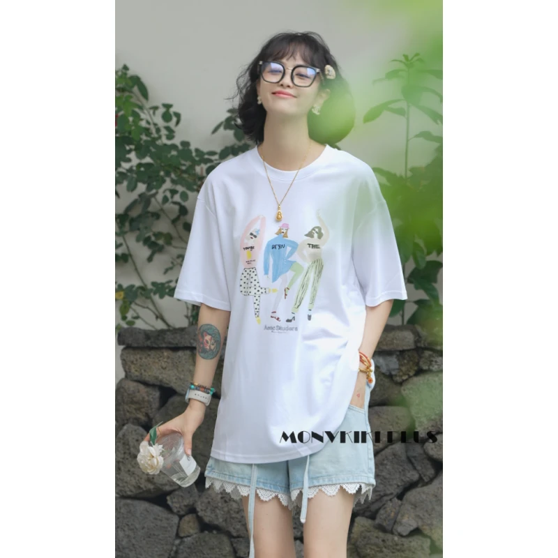 MoNvKiKiPlus9【欢乐颂】大码微胖百搭夏季宽松印花设计师T恤#C09