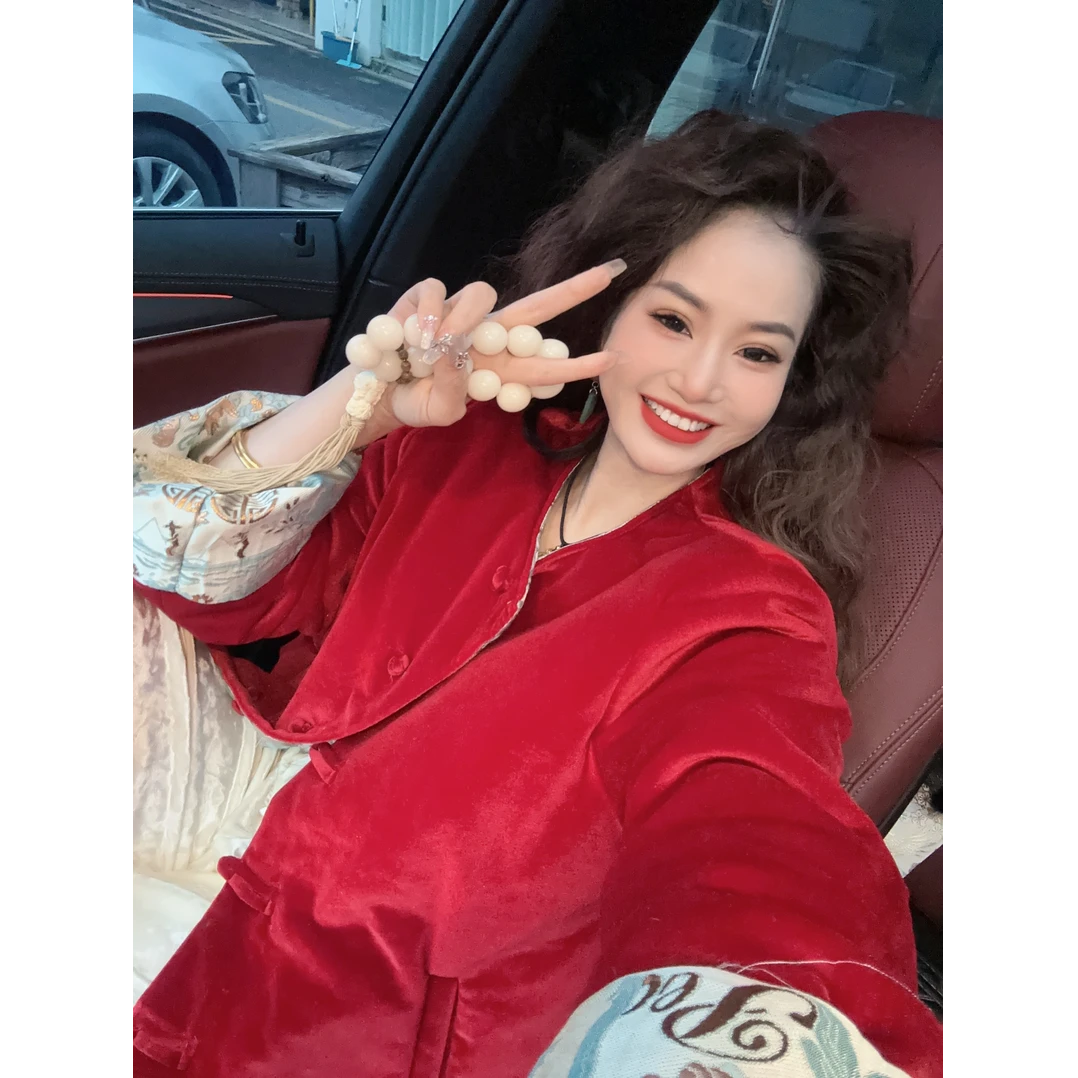 2024冬季新品双面双穿国风夹棉盘扣纯色红色中式网红棉衣