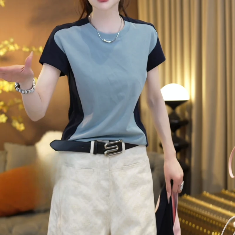 『修容T恤』2025夏季小众设计腰线拼接显瘦百搭短袖T恤LK2502345
