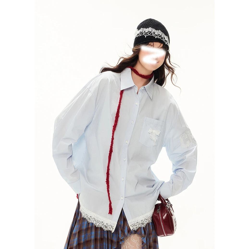 2025春季宽松美式百搭休闲复古蕾丝拼接衬衫甜美少女蝴蝶结上衣女