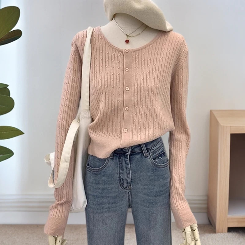 法式复古圆领长袖针织衫女开衫外套春秋季显瘦单排扣修身粉色毛衣