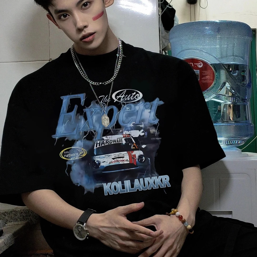 国潮牌美式赛车印花男短袖t恤宽松夏季纯棉重磅复古大码男士上衣