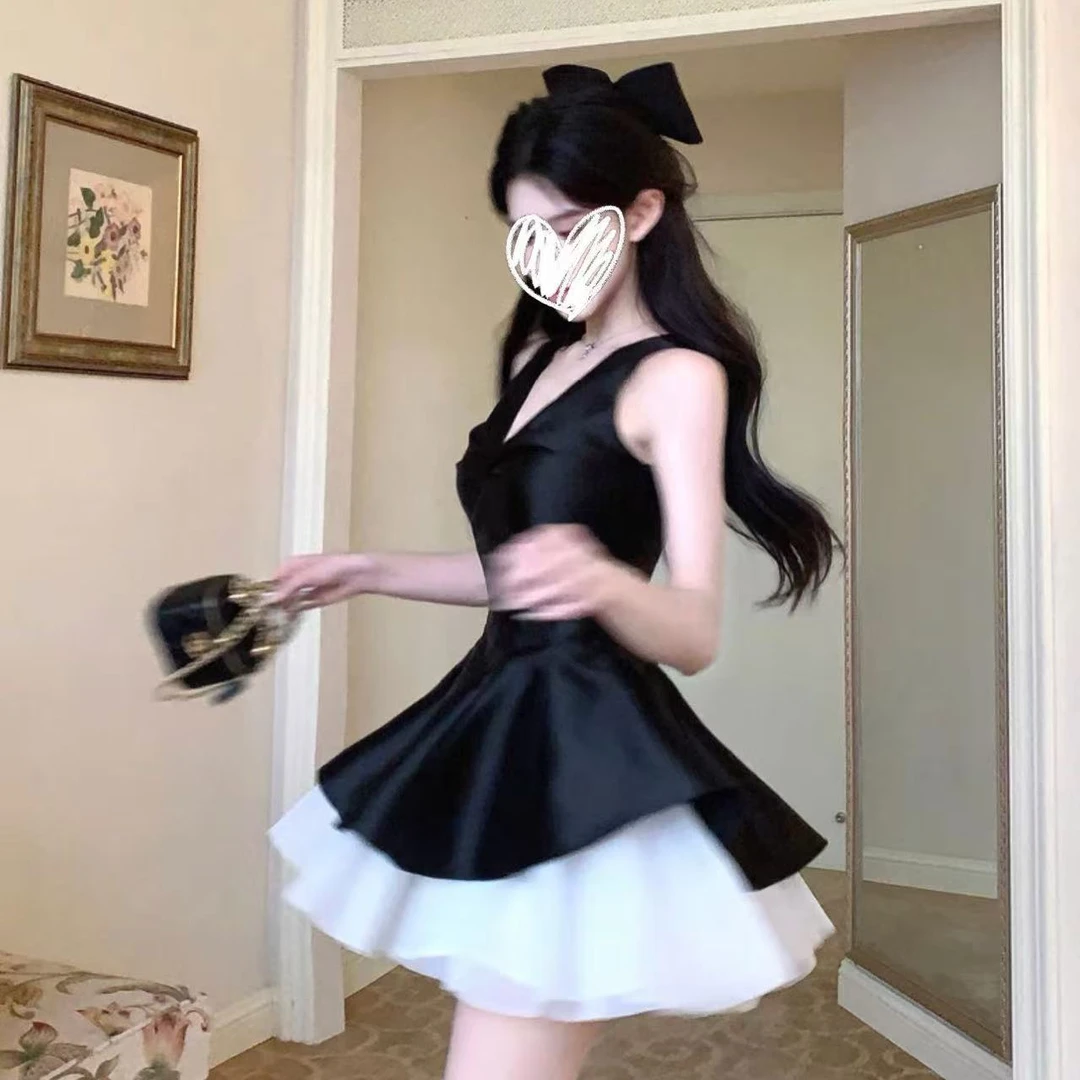 法式无袖女2025夏季V领吊带蓬蓬裙a字裙子两件套