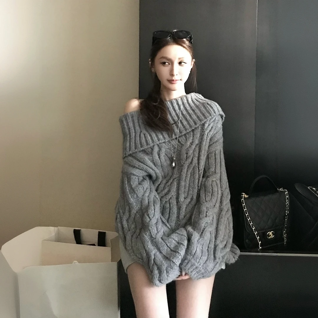 韩系露肩复古一字领毛衣女2025秋冬新款小众百搭慵懒风针织衫上衣