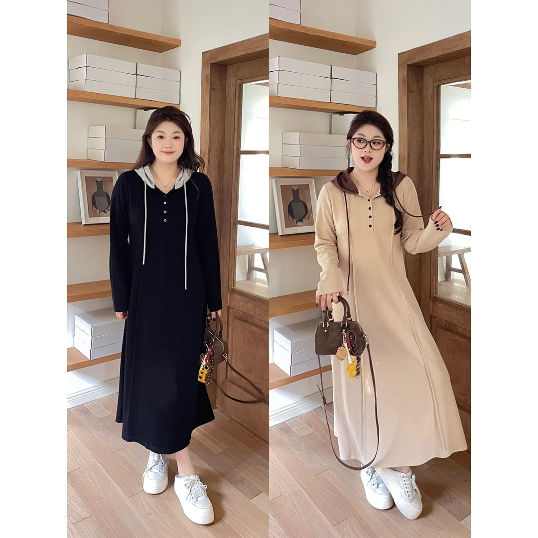 裂渡宣宣【小恋曲】微胖大码女秋显瘦百搭针织连帽连衣裙ZY508A22