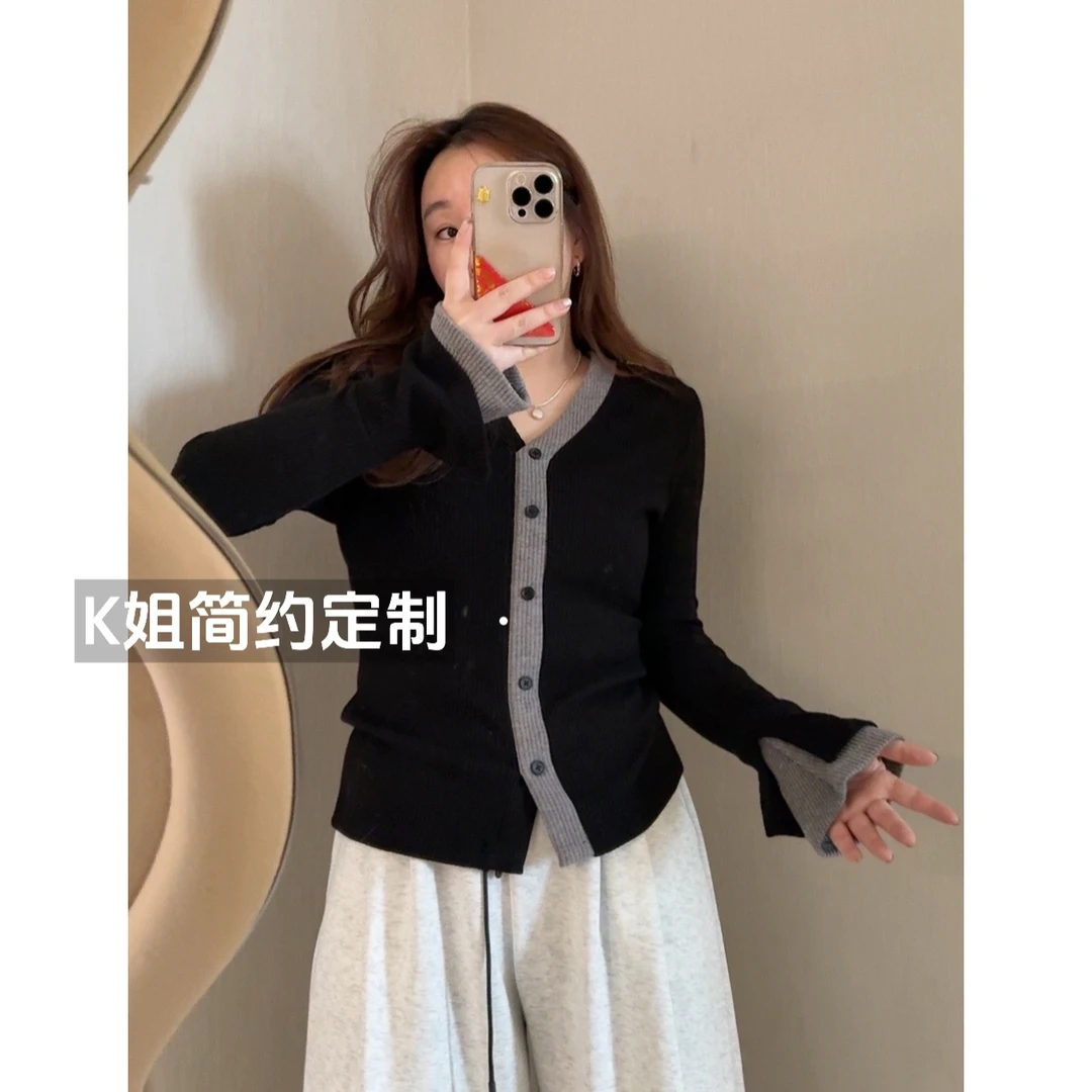 GTNER“KK定制”女春新款简约小众气质修身显瘦V领长袖针织衫D1713
