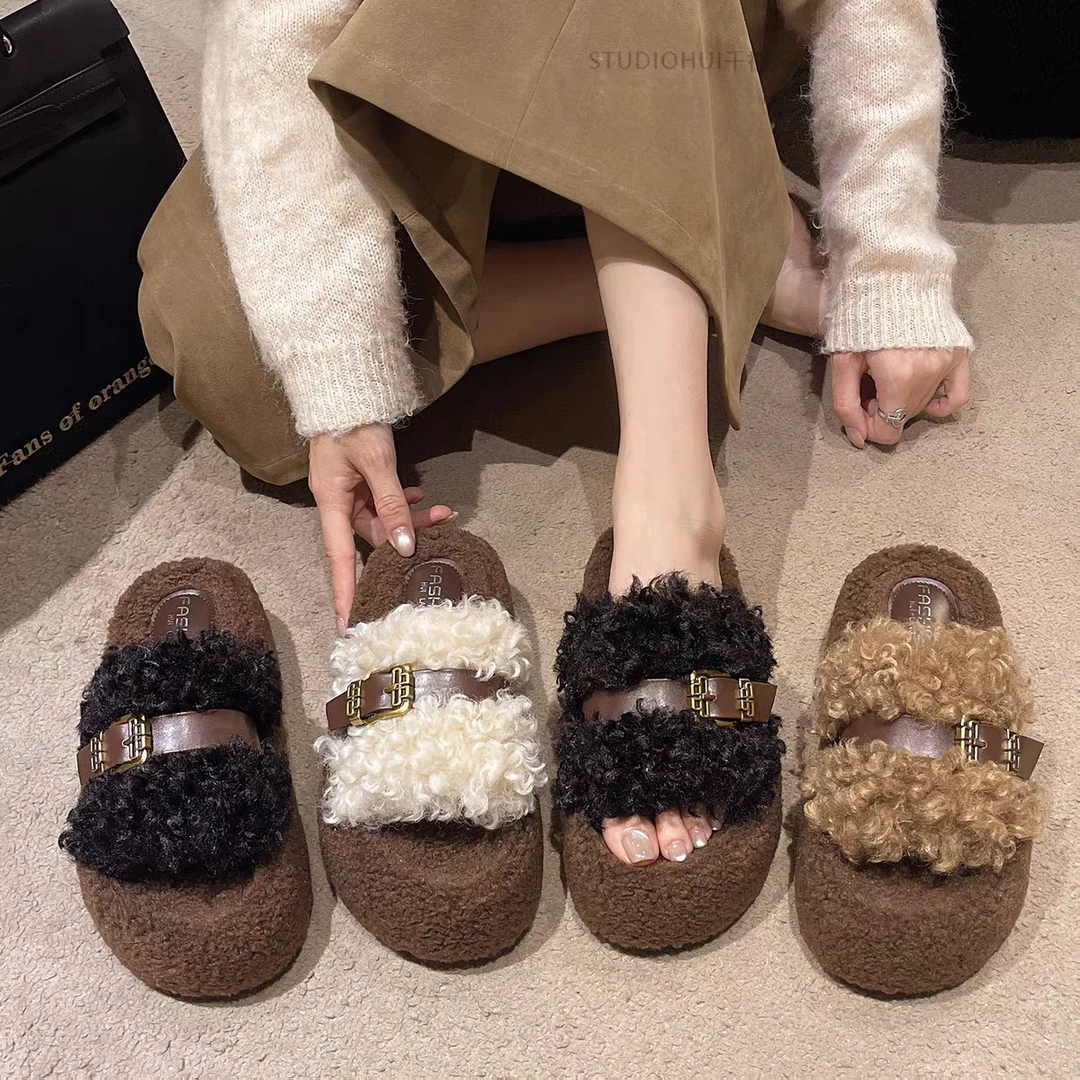 网红时尚棕色爆款毛毛拖鞋女秋冬外穿2025新款ins潮厚底休闲居家