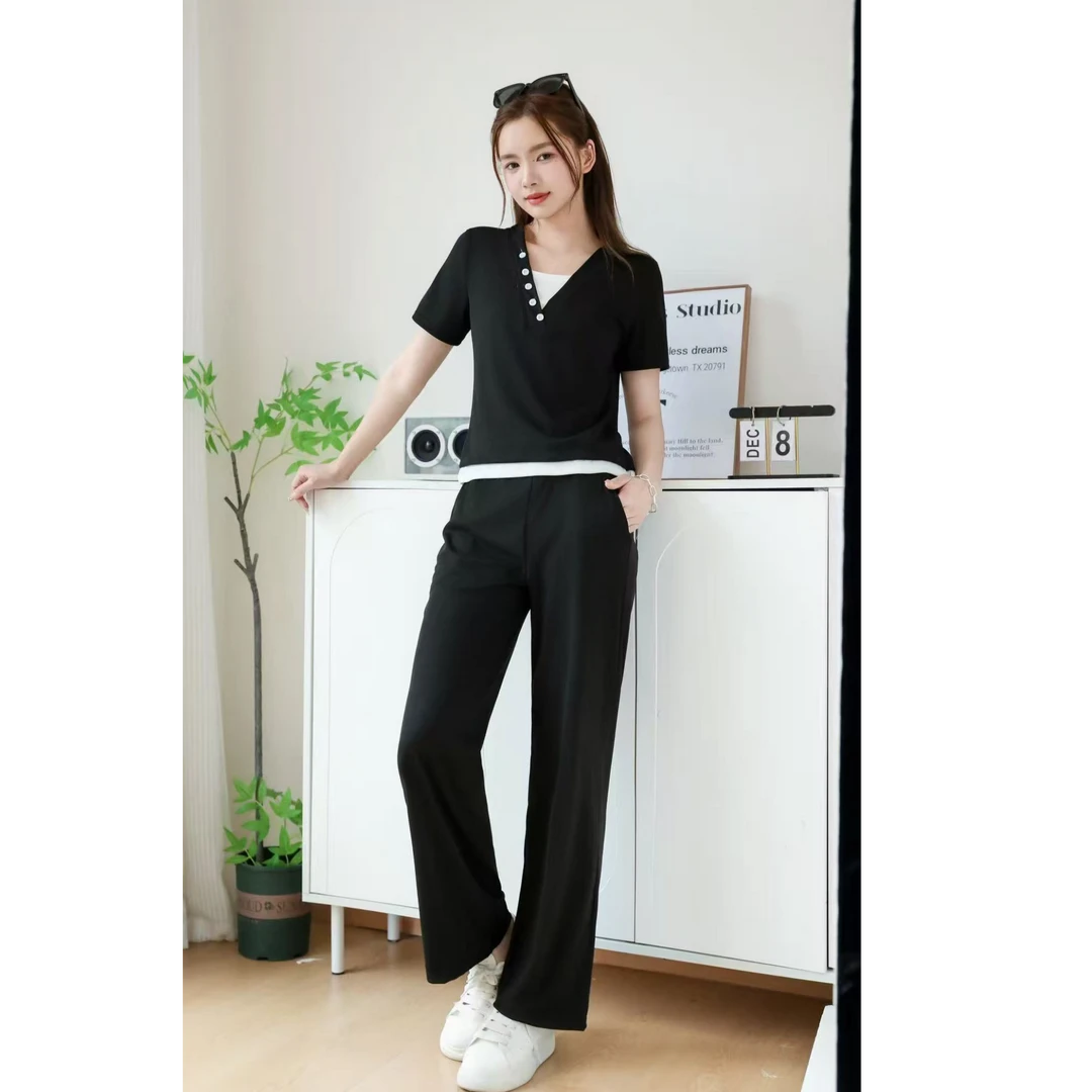 （上衣 + 裤子）夏季新款假两件短袖上衣休闲运动阔腿裤两件套