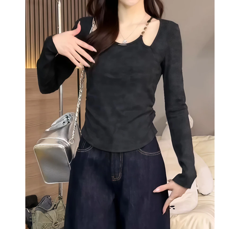 2025新款设计感辣妹扎染长袖t恤女早秋上衣高级感修身打底衫