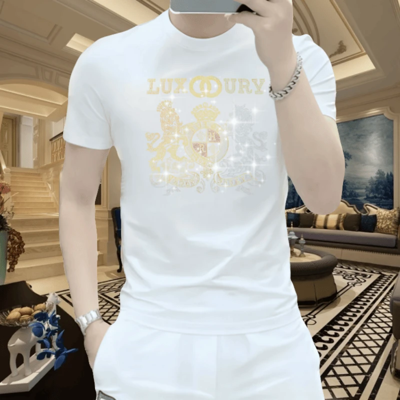 欧洲站夏季男士新款烫钻冰丝修身T恤圆领休闲短袖时尚百搭潮流T恤