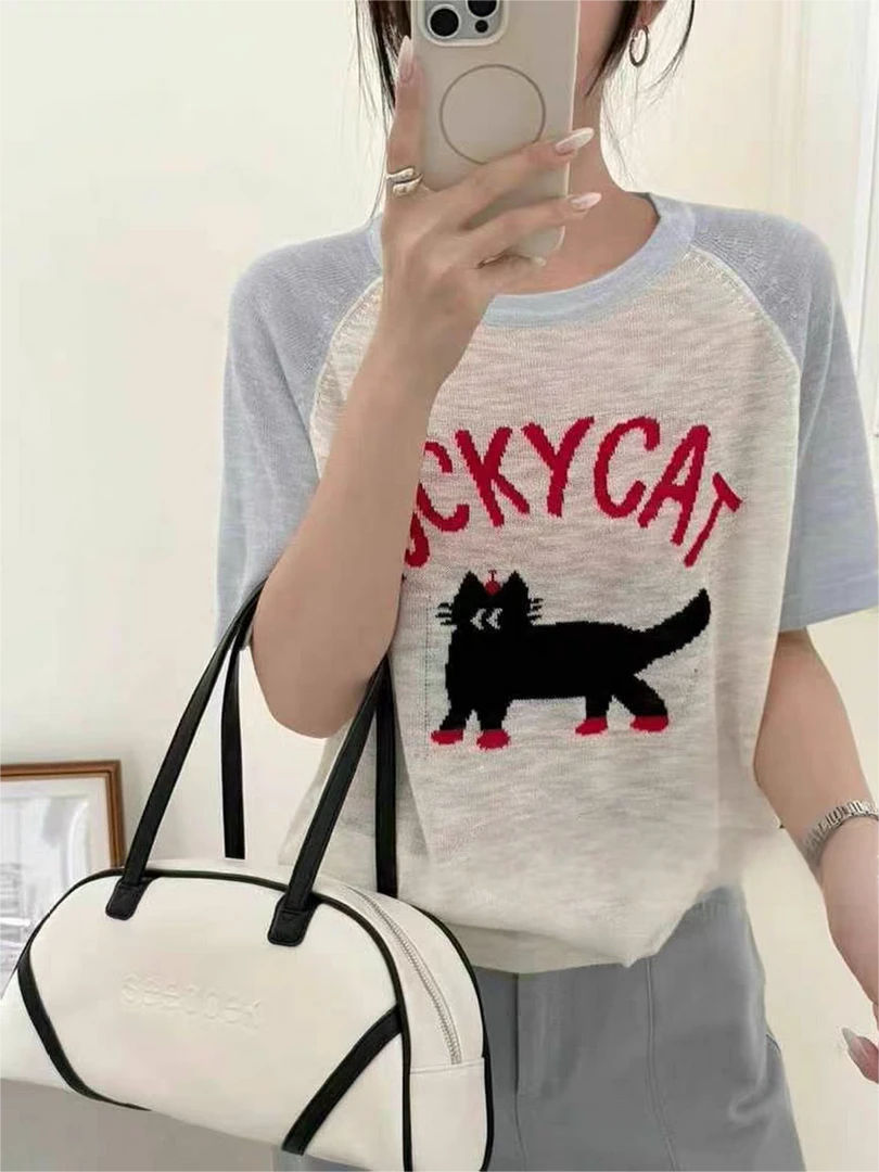 ANYUMO/安妤茉1606黑猫字母拼色针织衫套头时尚百搭薄款夏女