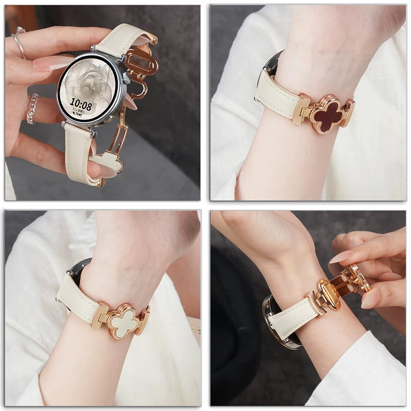 适用华为GT5watch4GT32小米S4Color四叶草折叠磁吸扣真皮时尚表带