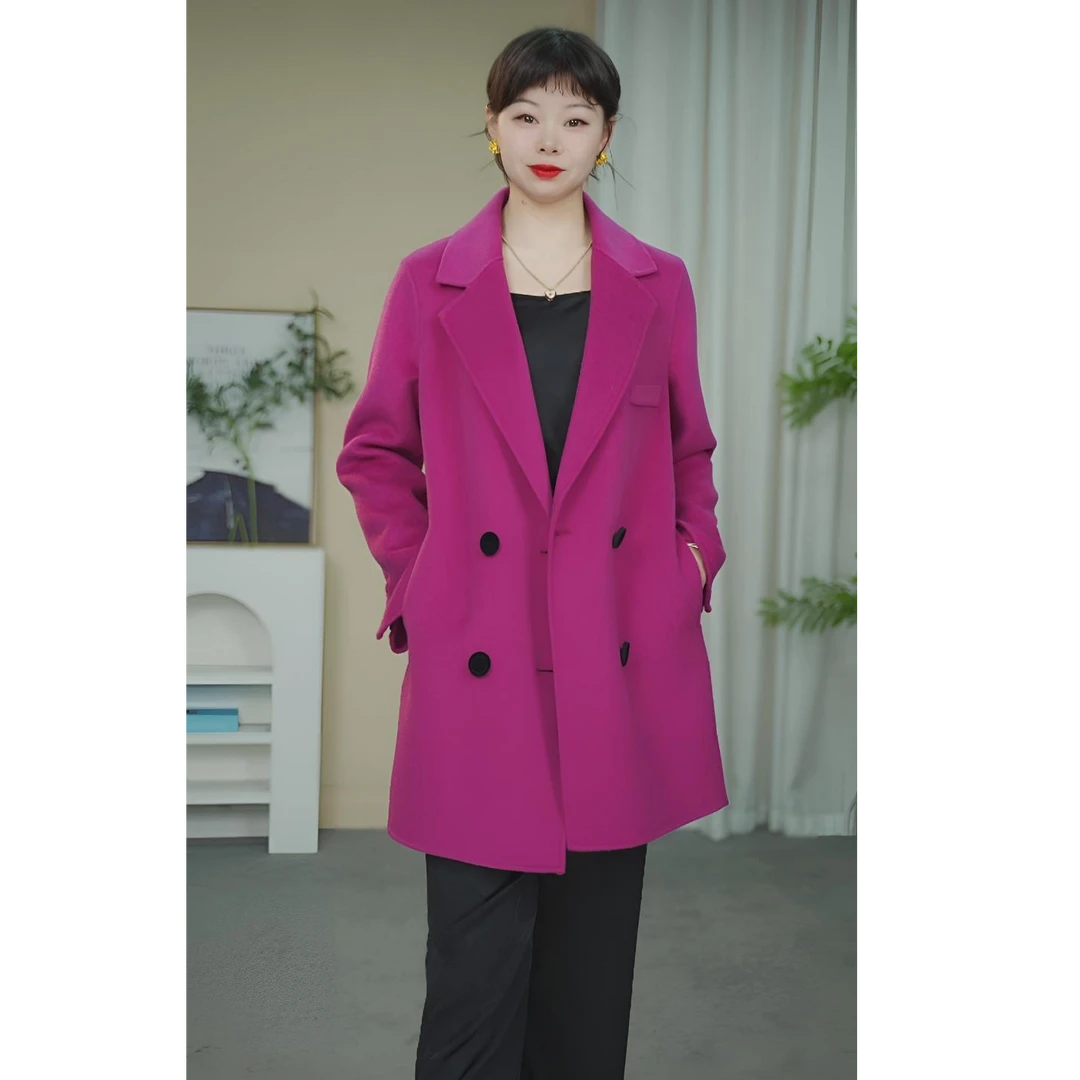 领宽春秋宽松双排扣百搭中长款羊毛大衣8806