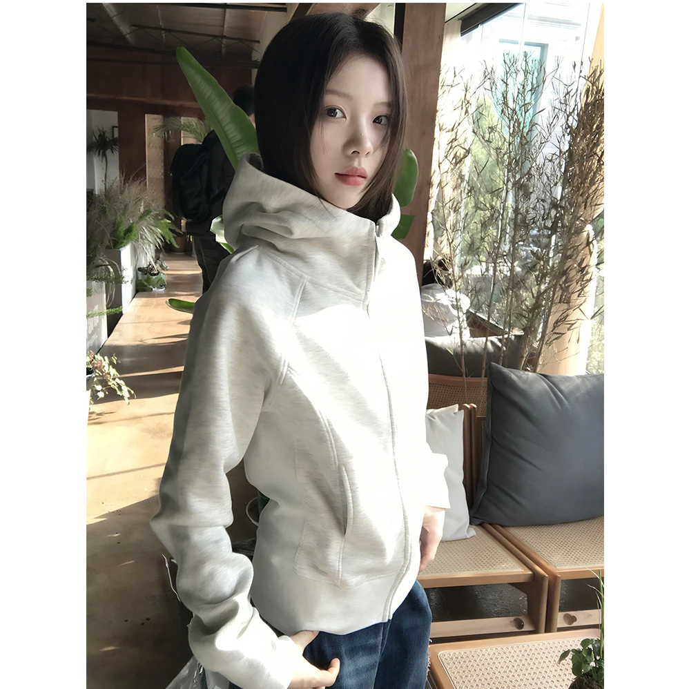lulu开衫卫衣外套女春秋薄款修身显瘦短款拉链连帽上衣美式复古潮