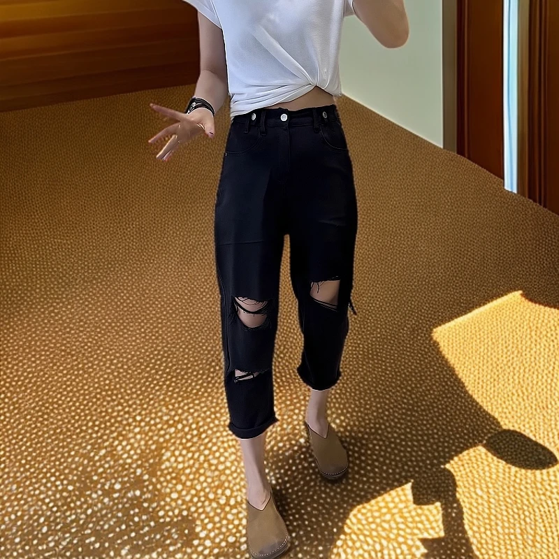 梨形显瘦女生穿搭大码破洞牛仔裤女早秋薄款高腰弹力哈伦老爹裤子