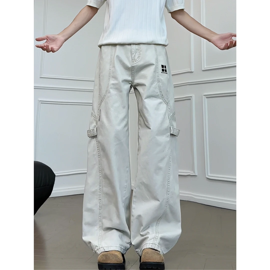 美式复古潮流拼接设计感春夏季高街抽绳垂感百搭透气直筒休闲长裤