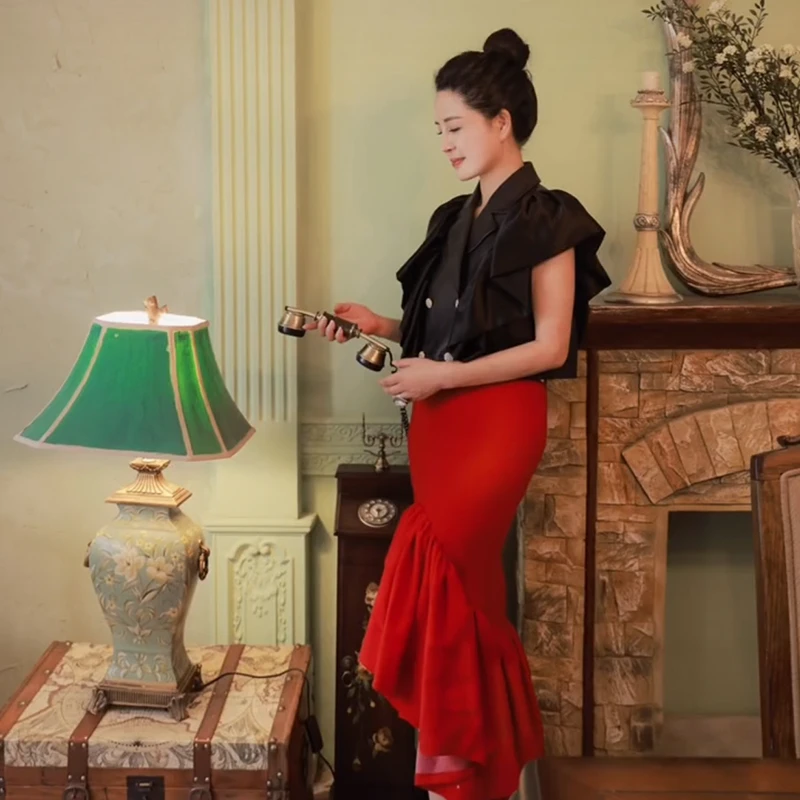 日红色夜巴黎半身裙 法式优雅中长裙王璇原创设计