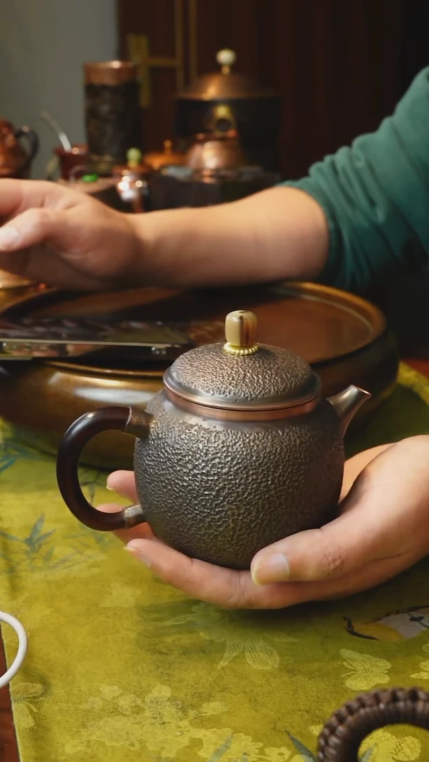 纯紫铜檀木柄泡茶壶