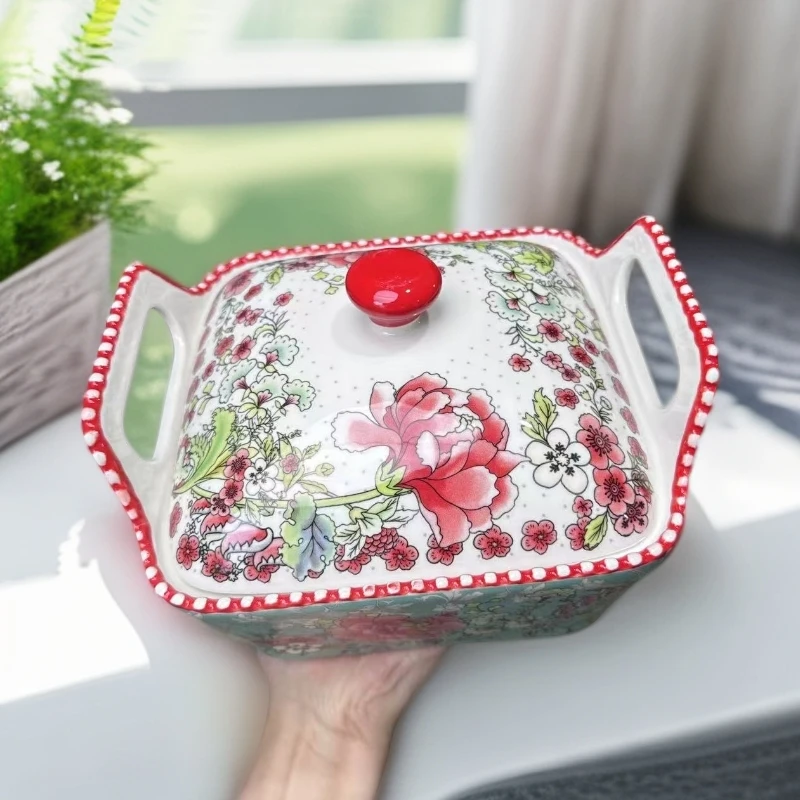 花粉佳人-8寸双耳四方提柄带盖烤碗