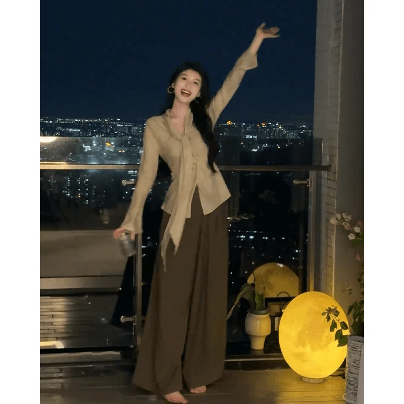 法式气质长袖衬衫女早秋季2025新款修身别致上衣高腰显瘦阔腿长裤