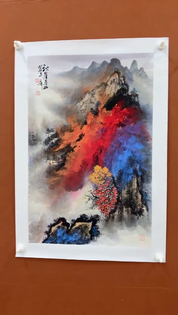 国画李文峰四尺三开泼彩山水
