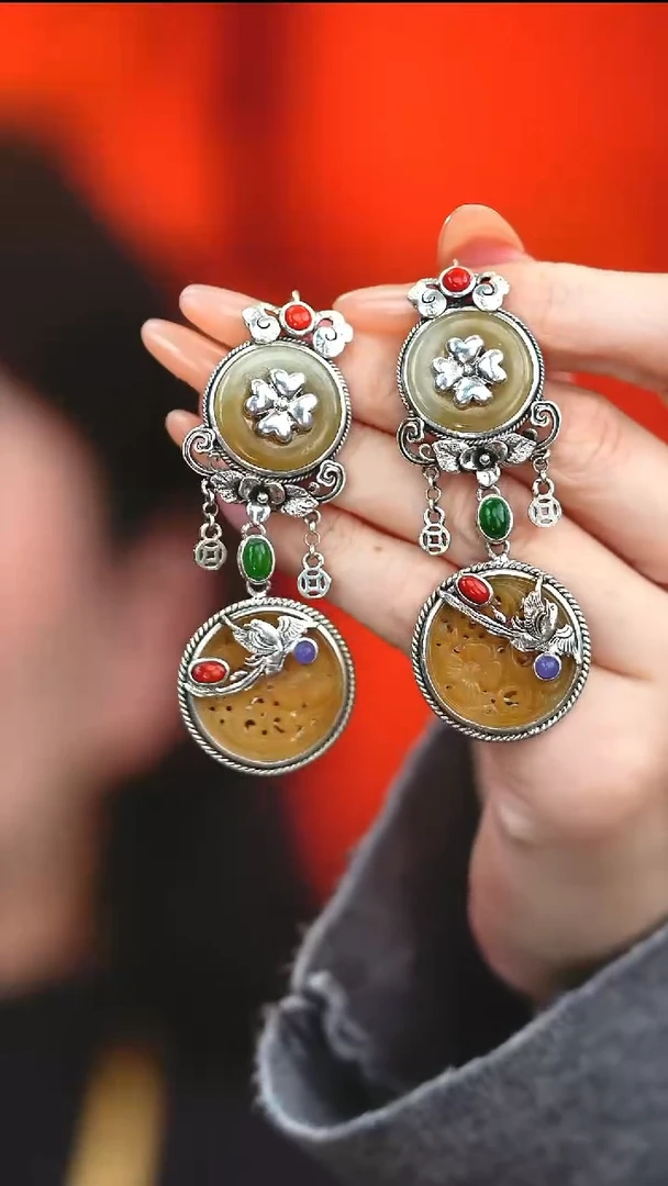 银S925镶嵌翡翠耳饰新款