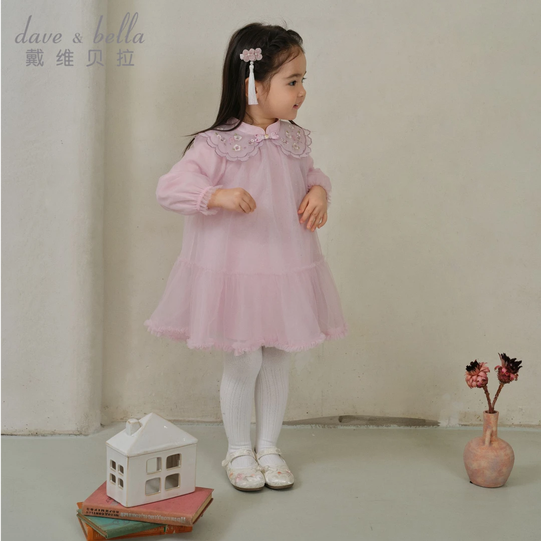戴维贝拉儿童裙春秋款女宝宝公主国风女童刺绣网纱裙DB1250678