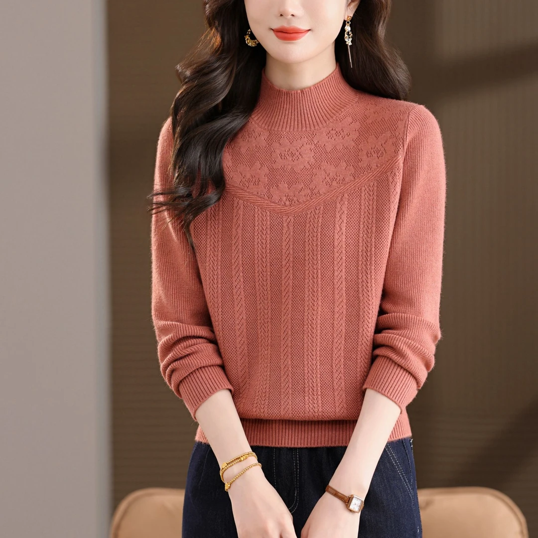 厚款秋冬加厚锁温半高领毛衣保暖发热遮肚提花冬季百搭宽松打底衫
