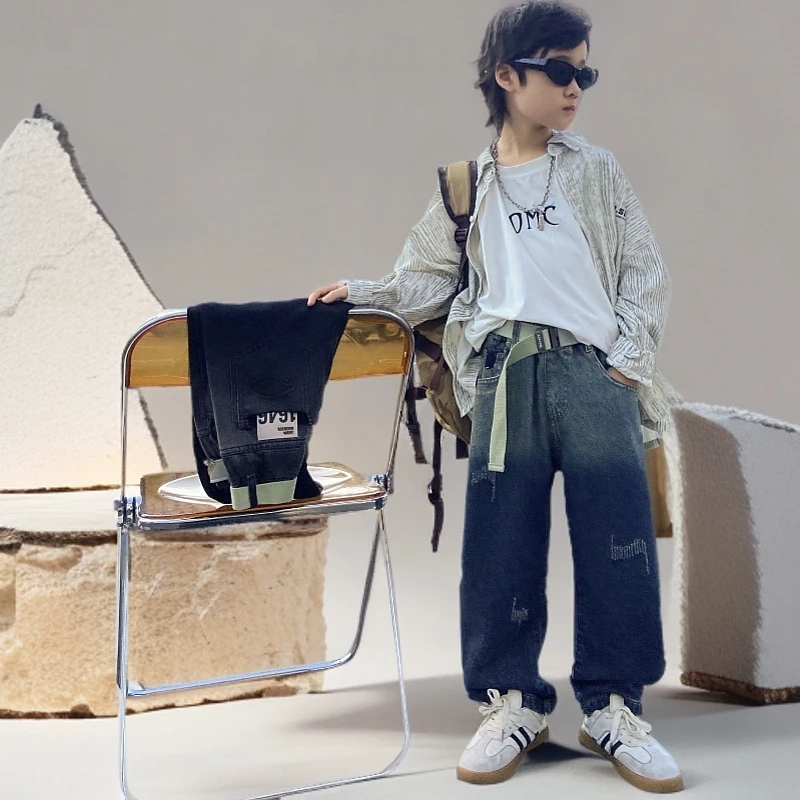 男童秋冬加阳里子百搭裤子男童老爹裤儿童韩版休闲宽松时尚牛仔裤