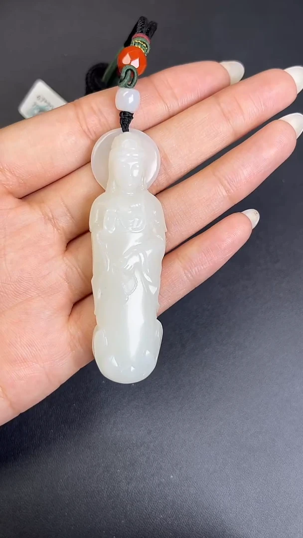 颈饰未镶嵌和田玉709069#和田玉白玉立体站姿观音吊坠多人