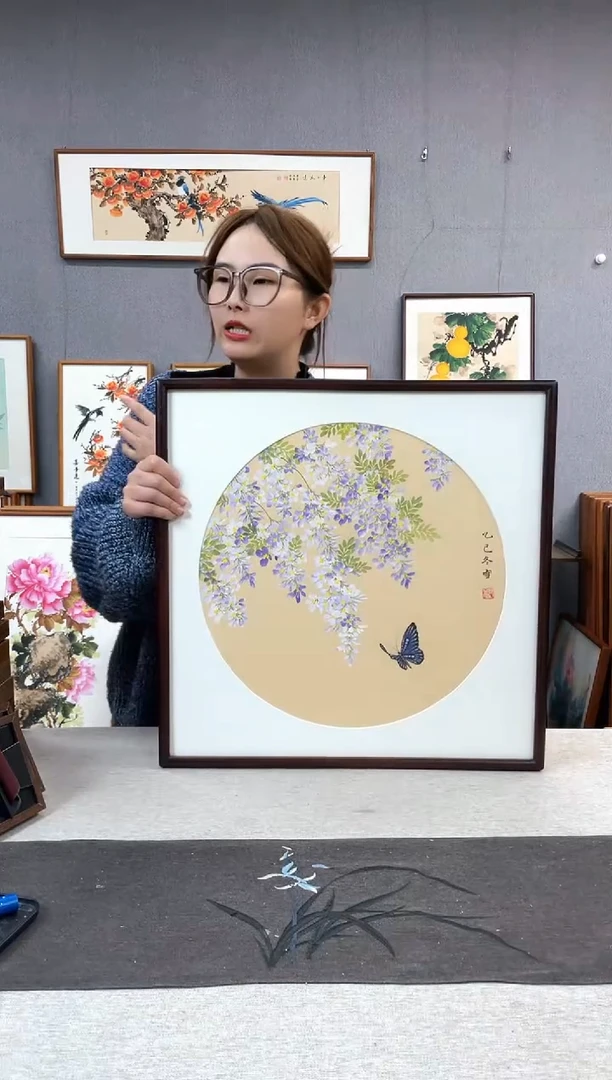 【闪购商品】国画闫冬雪-手绘带框作品-52*52-紫藤
