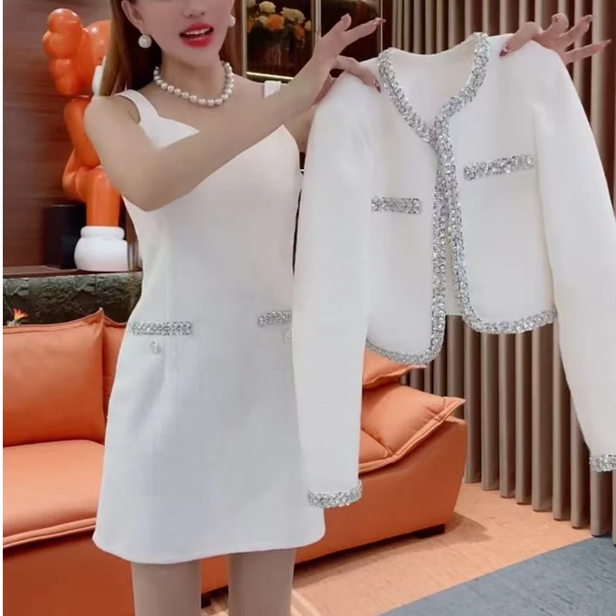 小香风套装女2025春秋新款时尚气质减龄亮钻上衣+吊带裙两件套潮