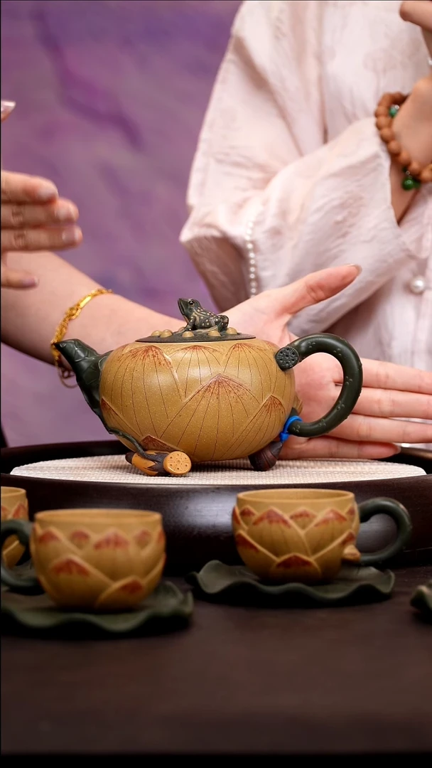 茶壶紫砂JLQ73青蛙莲子9件套老段泥420cc
