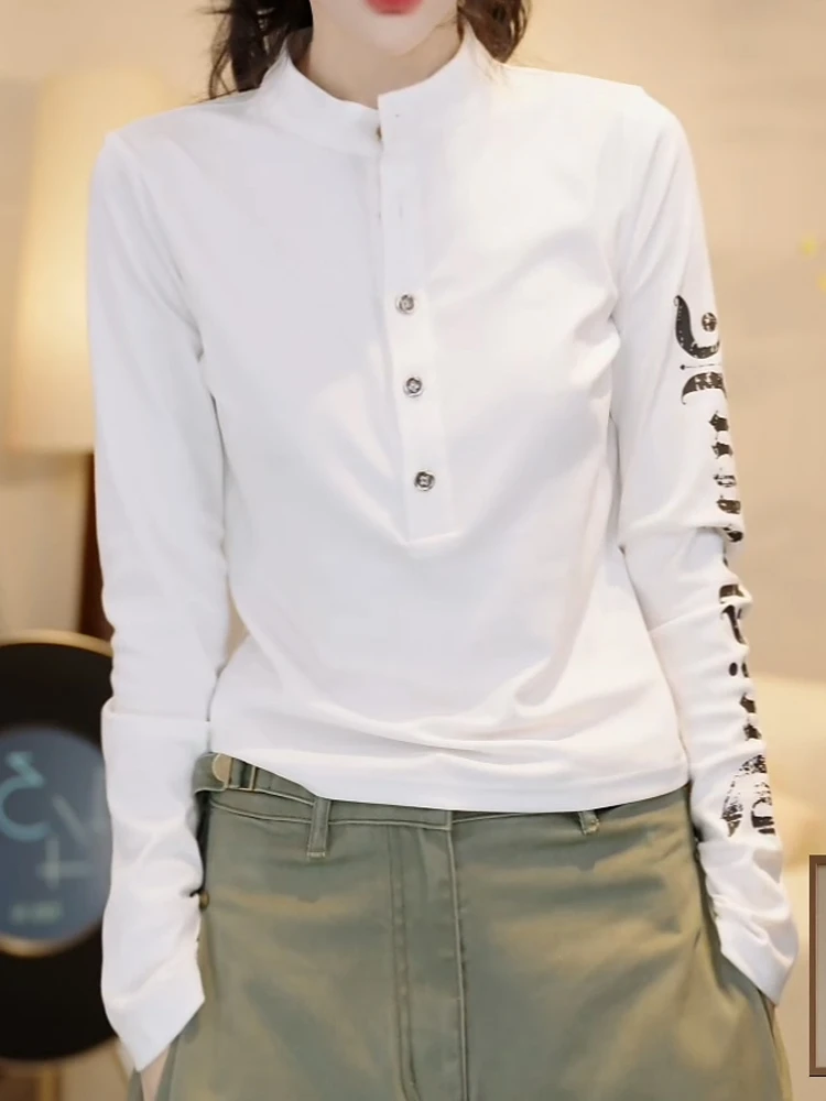 韩版半开领长袖T恤女秋季新款休闲百搭显瘦设计感字母印花上衣ins