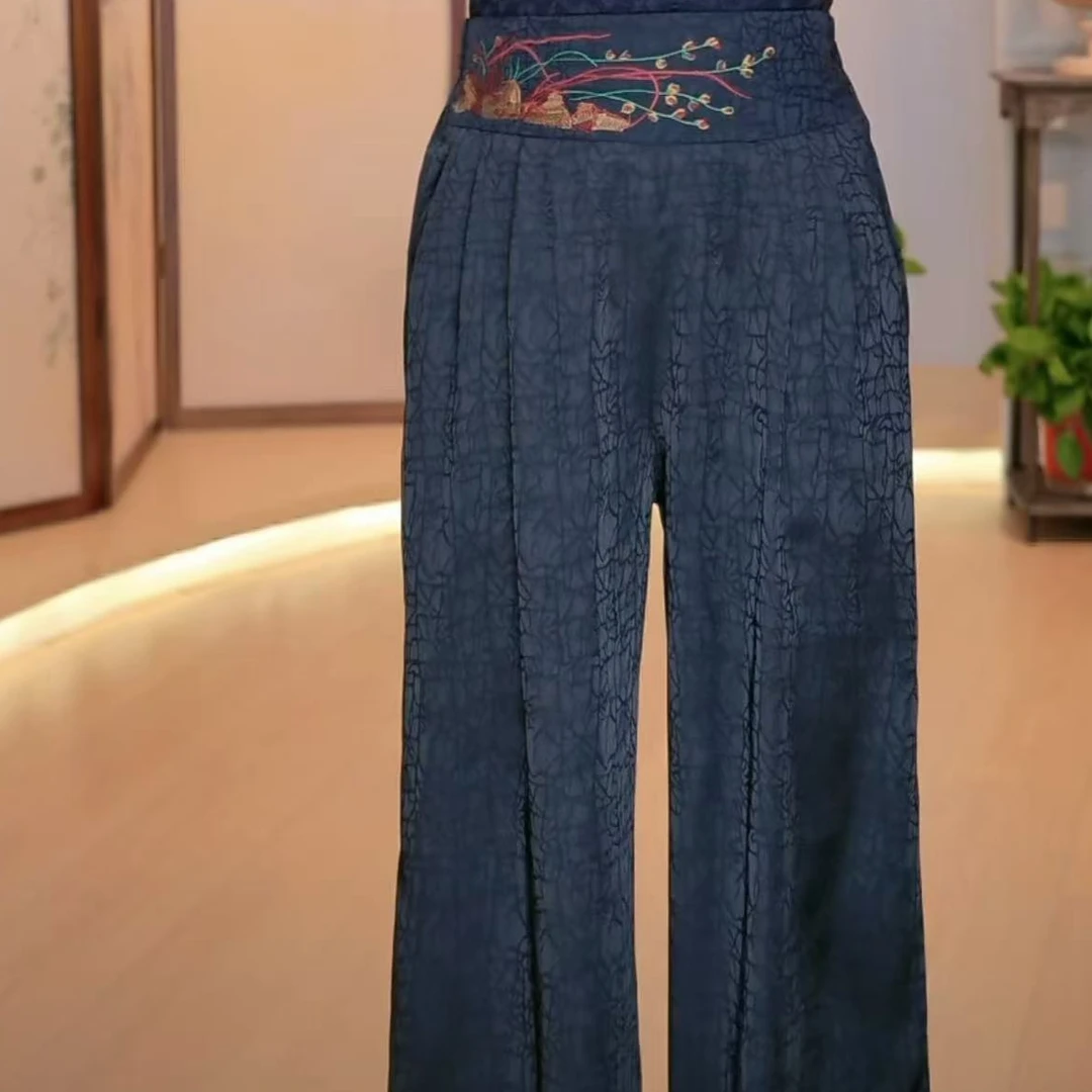 稻花刺绣龟裂纹阔腿休闲裤
