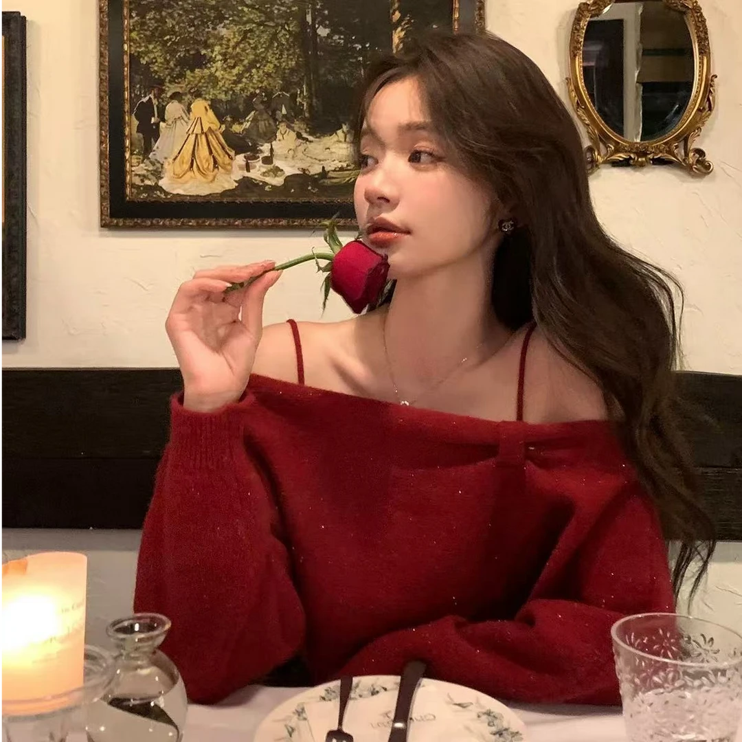 梦梦 MENGMENG｛1681 红玫瑰与甜酒 细闪圣诞毛衣两件套}