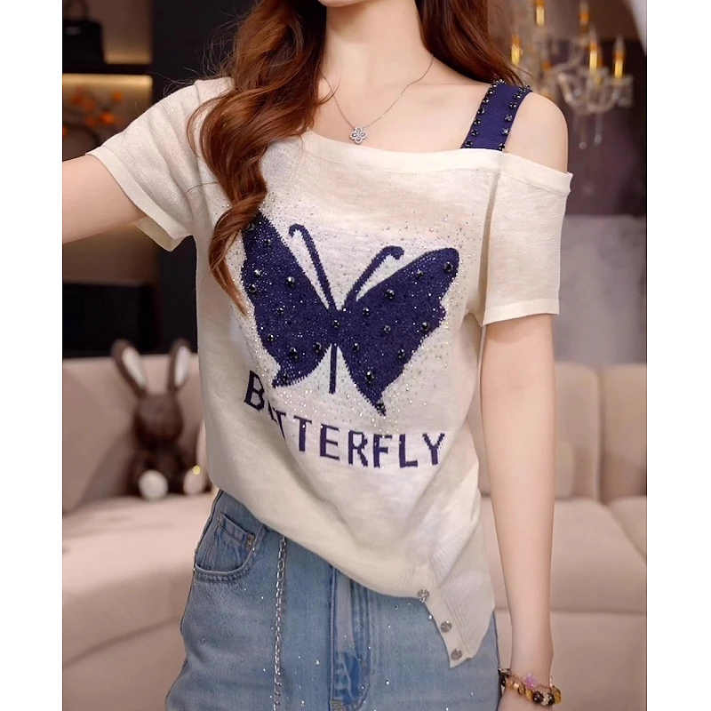 时尚重工烫钻蝴蝶提花斜肩短袖T恤女夏季新款时髦洋气针织衫上衣