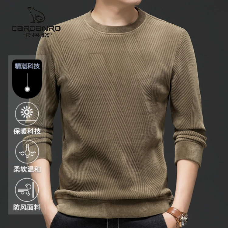 卡丹路2025秋冬新款加绒加厚保暖圆领中年套头休闲男士打底衫