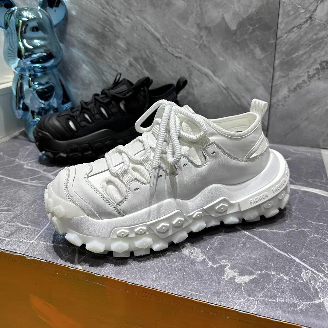 2025新款男鞋厚底增高老爹鞋时尚百搭休闲运动鞋透气镂空真皮凉鞋