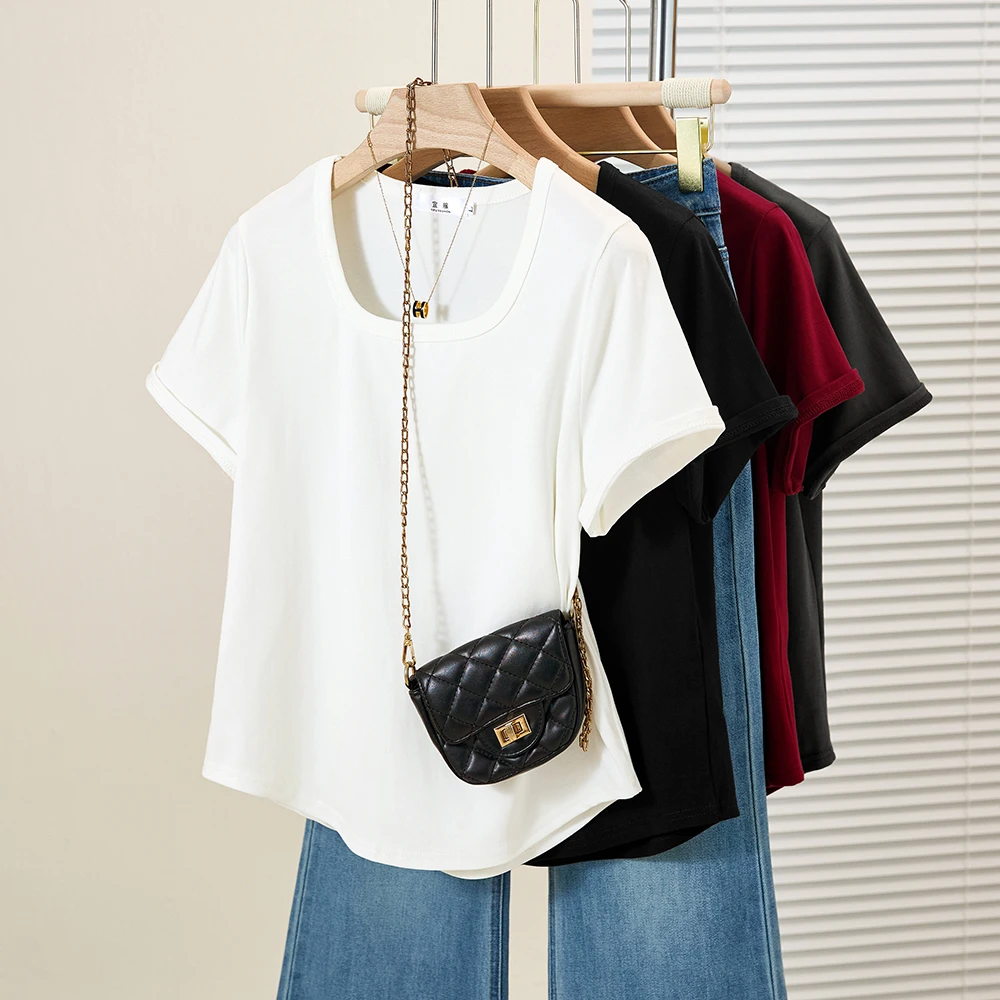 2025春夏季新款大码纯色减龄正肩短袖T恤女不规则简约圆领ins风