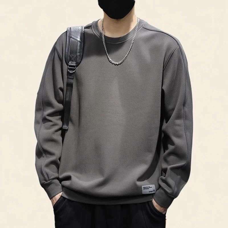 纯棉男士卫衣春秋款2025潮牌简约圆领宽松加肥加大码男款长袖上衣