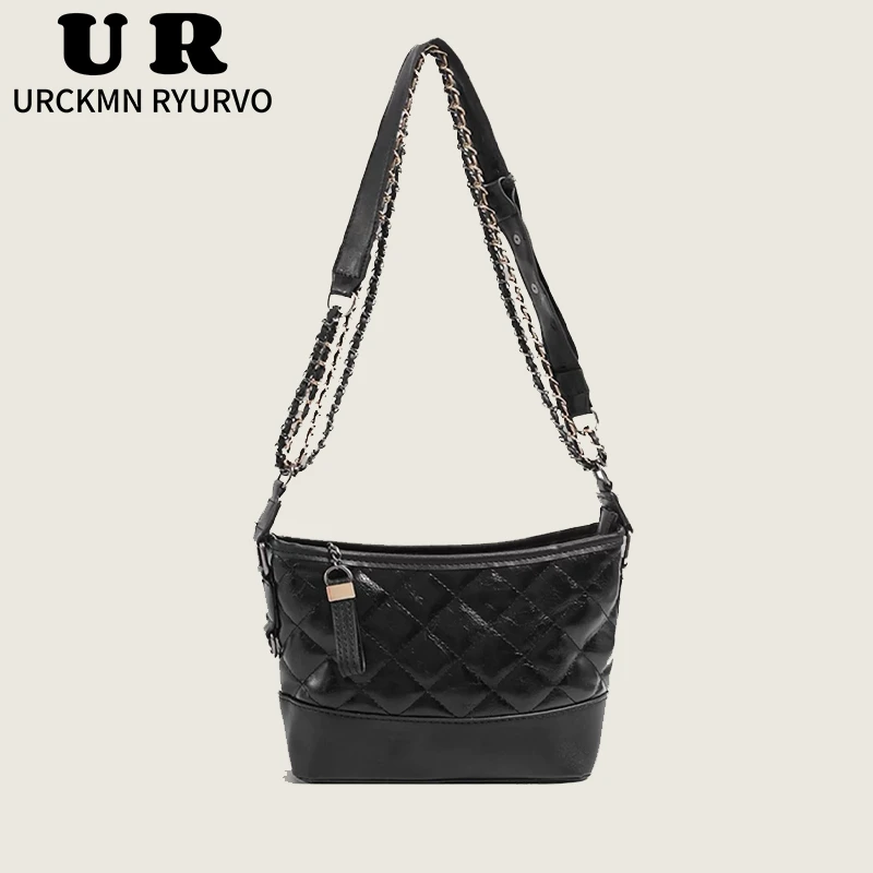 URCKMN RYURVO时尚菱格黑色流浪包经典简约百搭链条单肩斜挎包