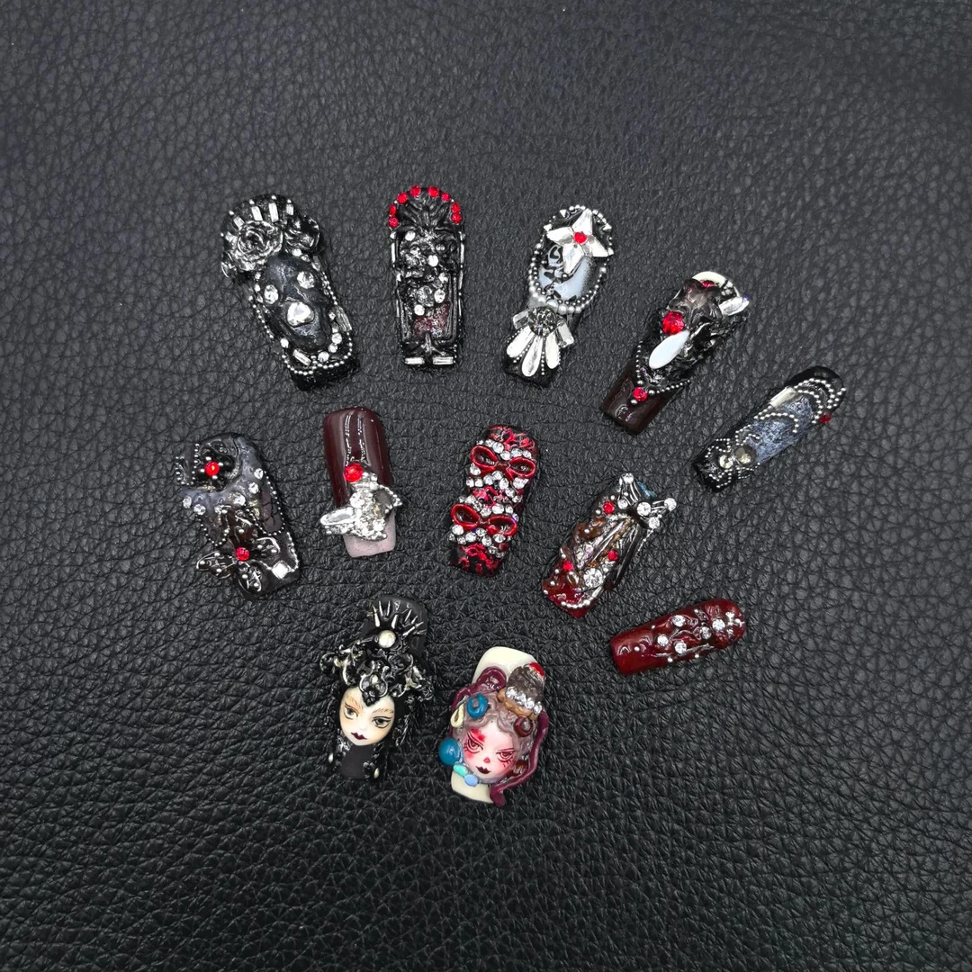 【Dandan出品】朱砂蝶恋12片 纯手工穿戴甲贴片 重工设计私定娃娃款